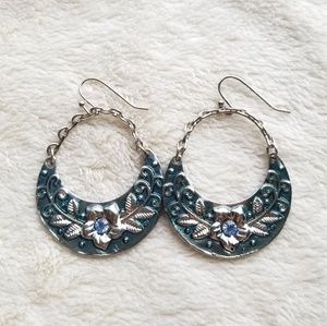Silvet-Tone Blue Crystal Flower Hoop Drop Earrings